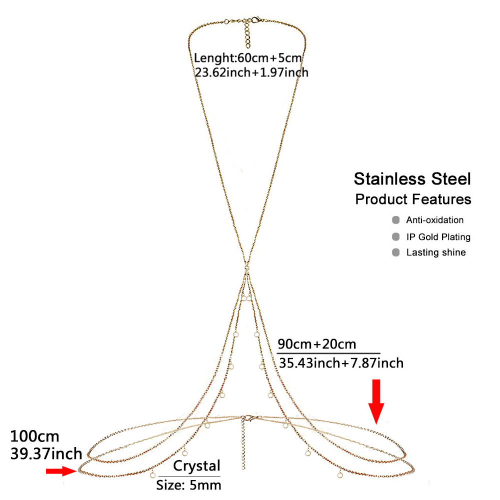 Sexy stainless steel accessory tassel crystal pendant waist chain, bikini beach body chain