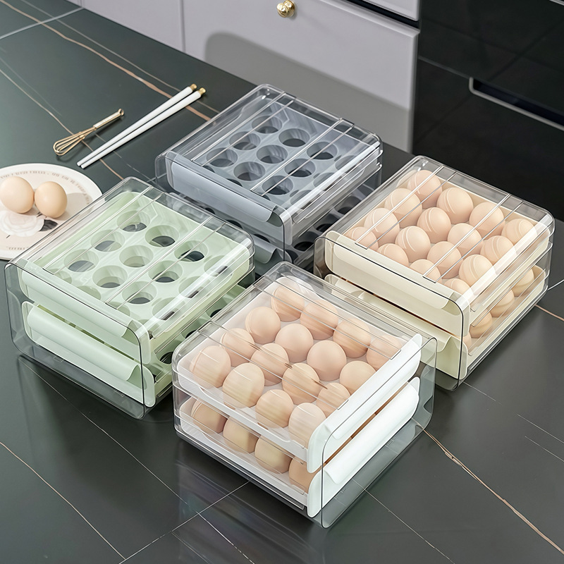 Refrigerator Egg Storage Box PET Transparent 32-Grid Double-Layer Drawer Type Egg Box Fresh-Keeping Box Kitchen Egg Box