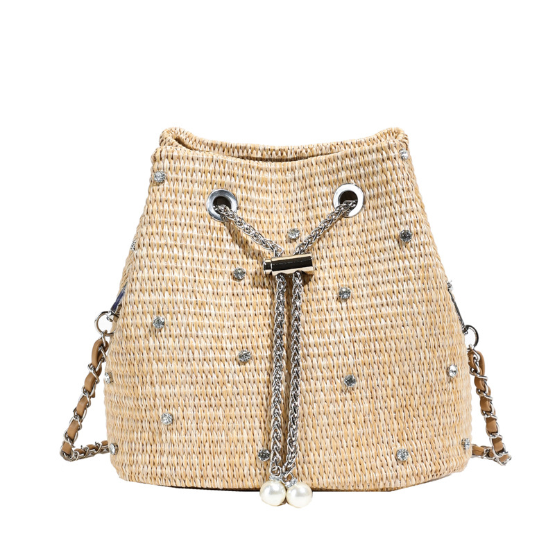 Straw bag women 2025 summer new pearl rhinestone chain bucket bag vacation style woven bag