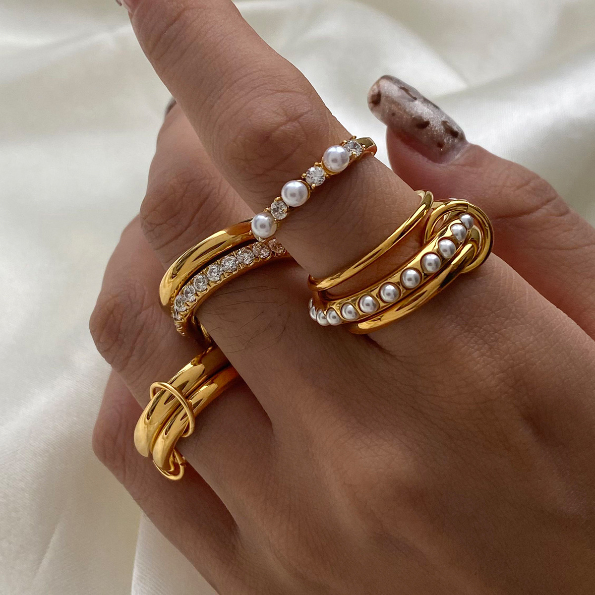 Jieding multi-layer stacking ring titanium steel pearl jewelry women stainless steel accessories