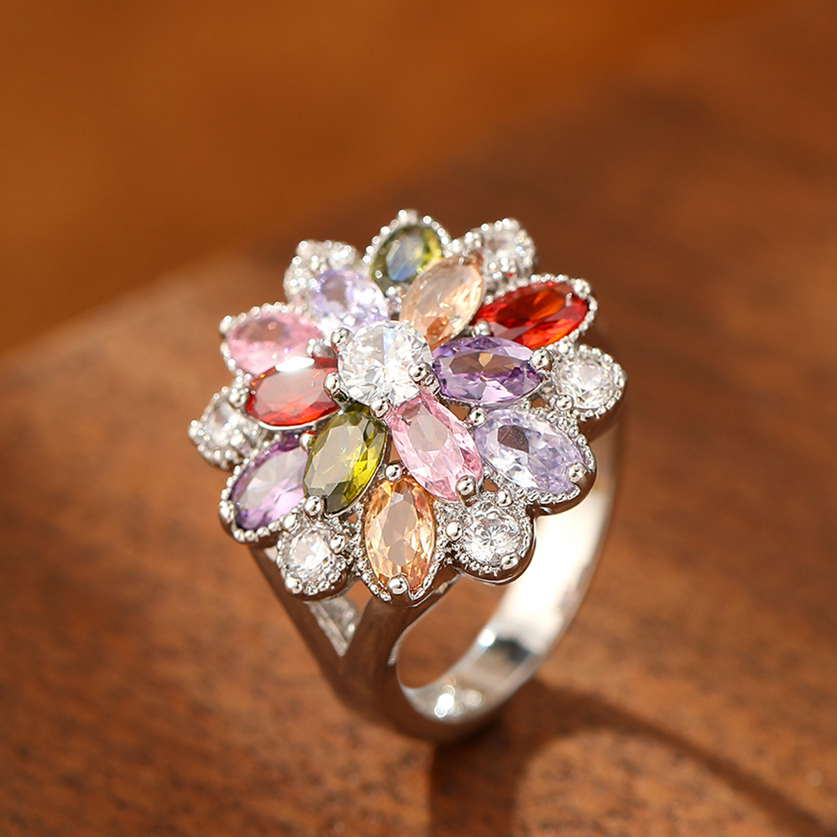 Colored Gemstone Ring Fashion Jewelry Rainbow Color Zircon Jewelry Flower Women's Ring