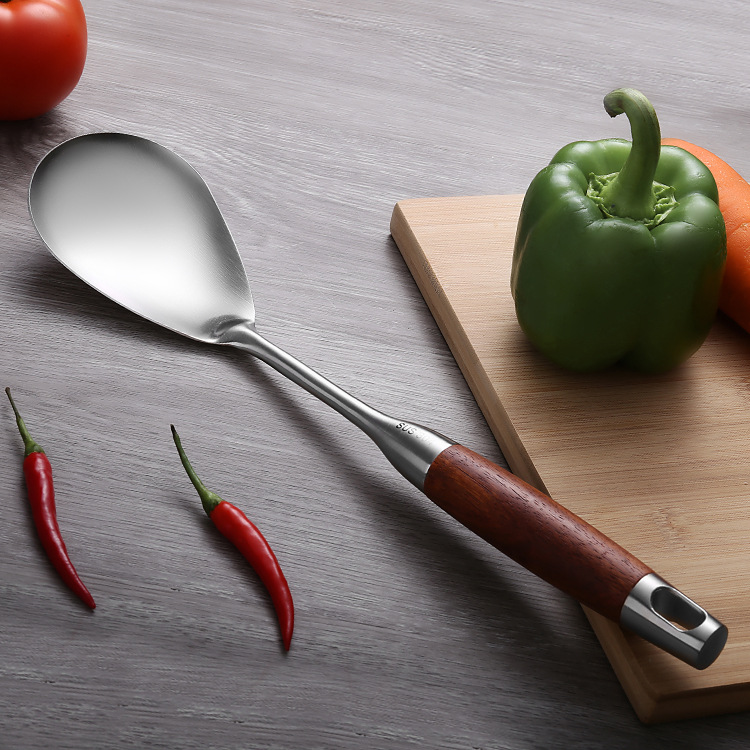 304 stainless steel spatula household rosewood kitchenware soup spoon slotted spoon anti-slip high temperature resistant kitchen wok spatula