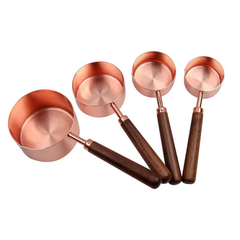 Walnut wood stainless steel measuring spoon measuring cup set 8-piece set with scale baking tool 4-piece set rose gold spoon