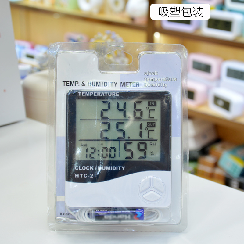 HTC-2 Indoor and Outdoor Thermometer Alarm Clock Home Dual Temperature Display with Probe Electronic Thermometer