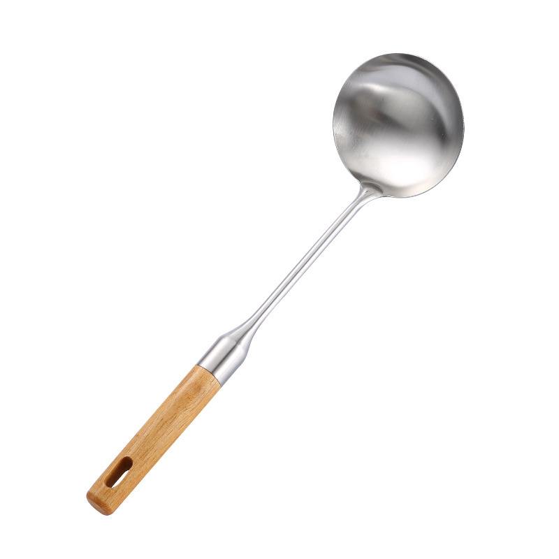 304 stainless steel spatula spoon beech wood wok spatula soup spoon anti-scald chef spoon spatula Shuangli wooden handle set long handle