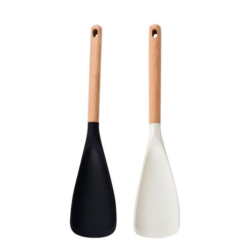 Beech wood handle silicone spatula, non-stick pan specific, food-grade high-temperature resistant cooking spoon, home salad mixing spoon