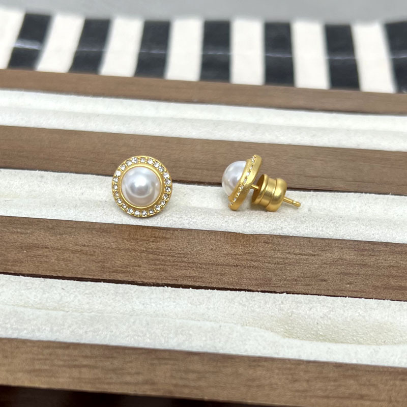 Accessories JV matte gold round diamond inlaid artificial pearl simple ear studs 925 silver pin