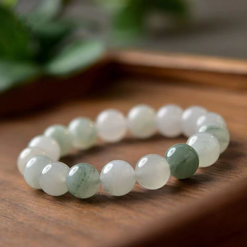 Natural Tianshan Jade Bracelet for Women Xinjiang Round Bead Floating Flower Jade Bracelet Live Streaming