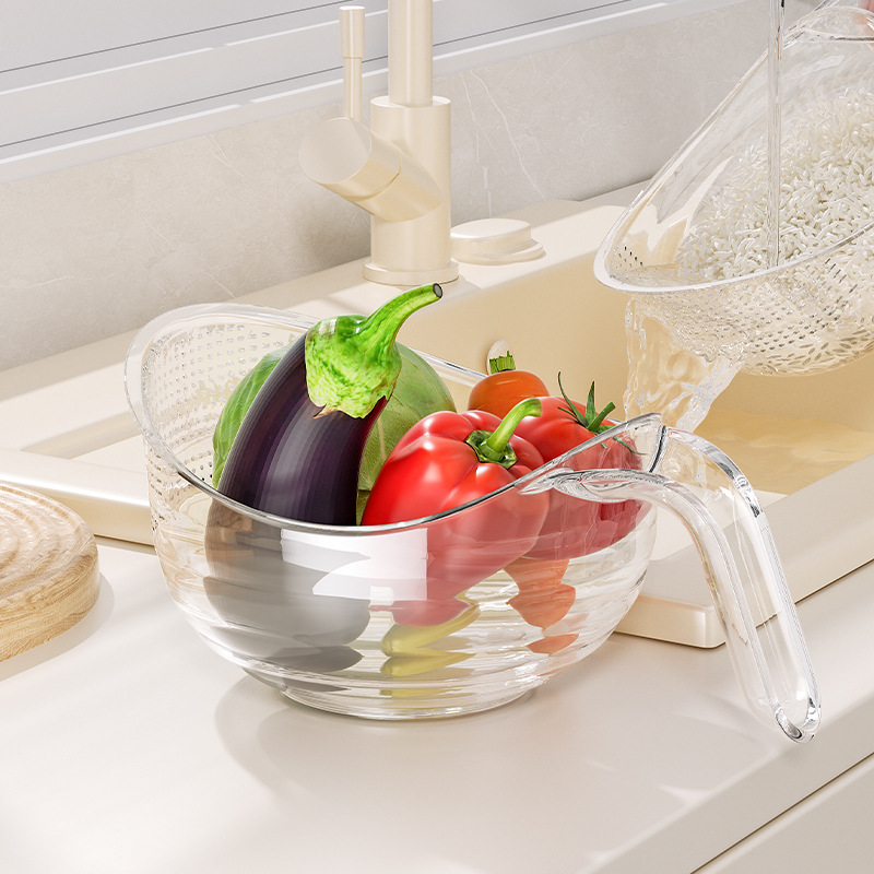 With handle rice washing basket vegetable washing basin drain basket kitchen supplies household fruit basket rice washing strainer