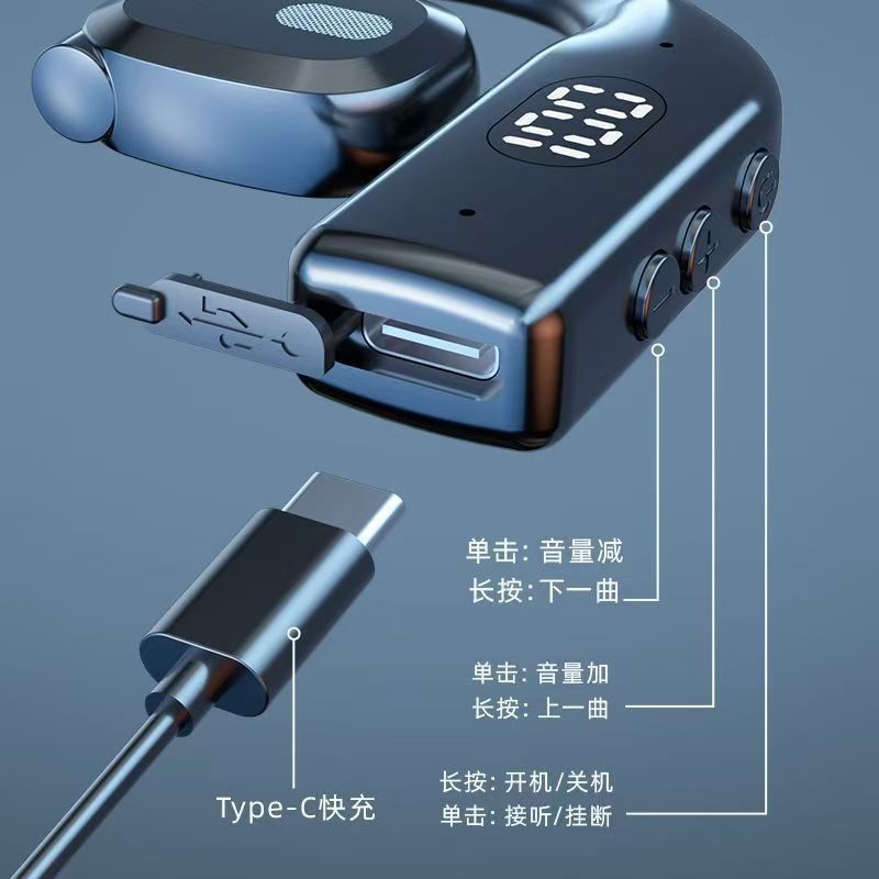 Single-ear open-ear Bluetooth earphones with screen, bone conduction wireless, ultra-long battery life, digital display, non-in-ear, clip-on style