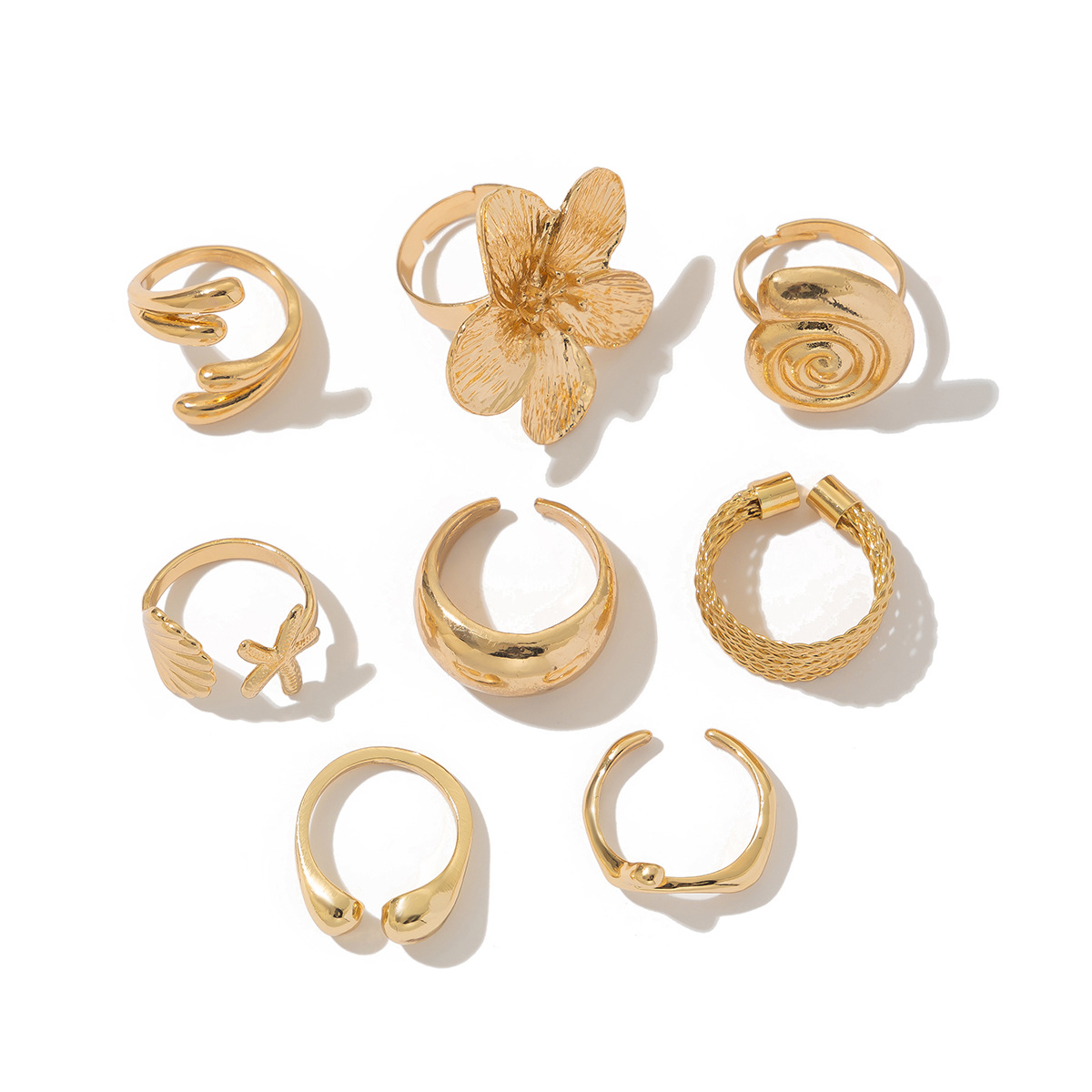 Ocean resort style conch shell ring set metal flower open ring for women