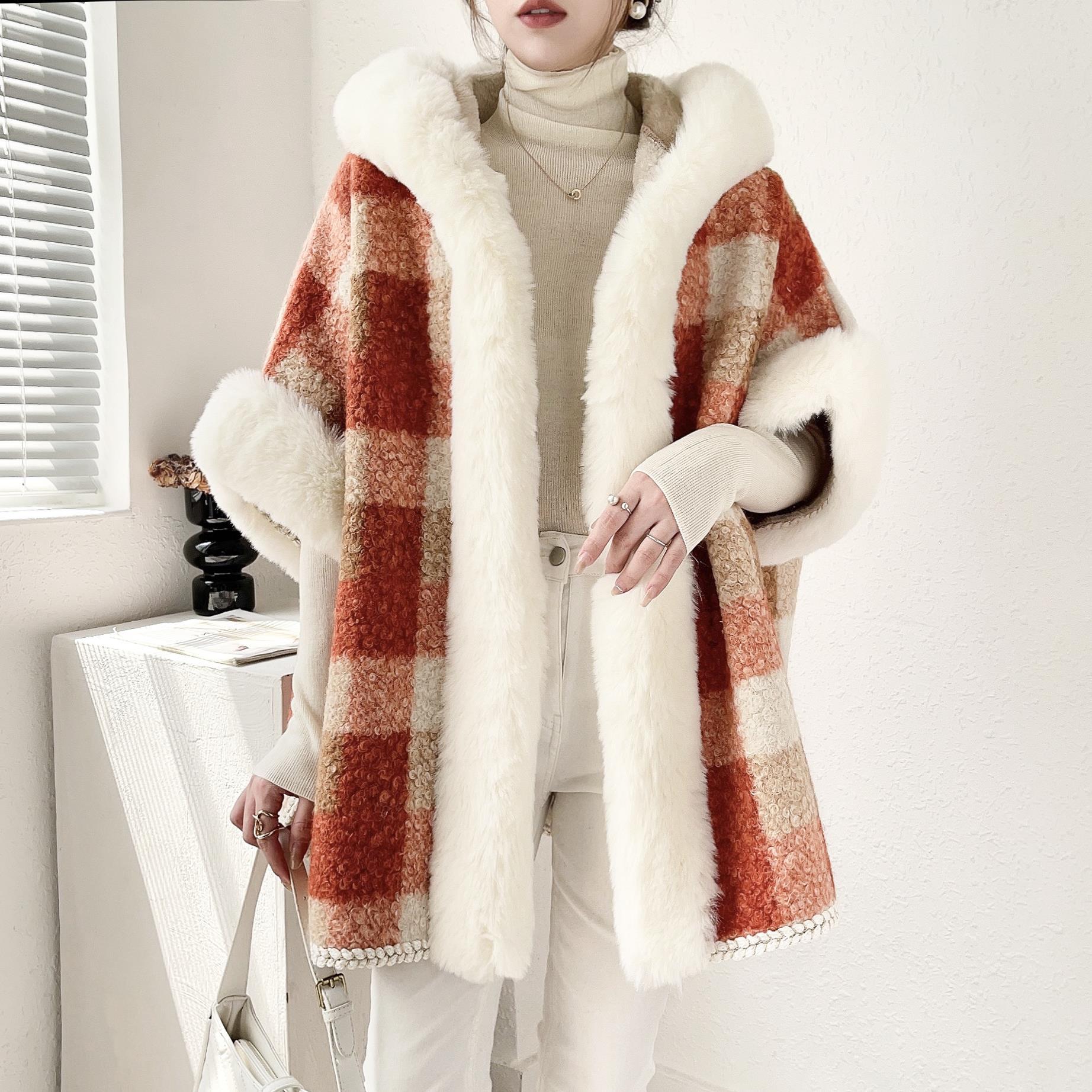 Live Loose Shawl Women 2023 Autumn Winter Cape Thickened Imitation Sheep Fur Collar Hooded Coat