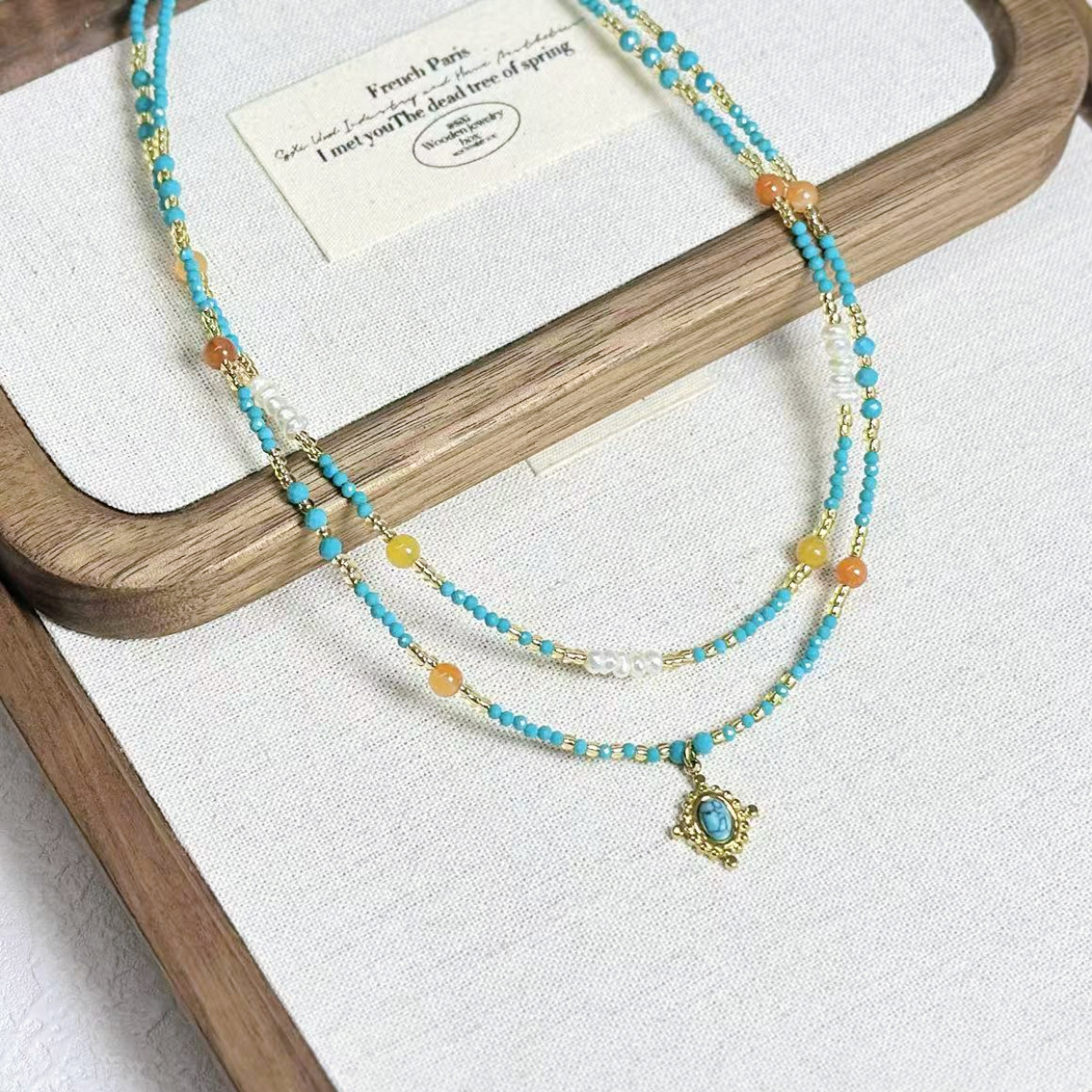 Court Style Amethyst Beaded Necklace Forest Style Turquoise Freshwater Pearl Collarbone Chain Full Titanium Steel Necklace