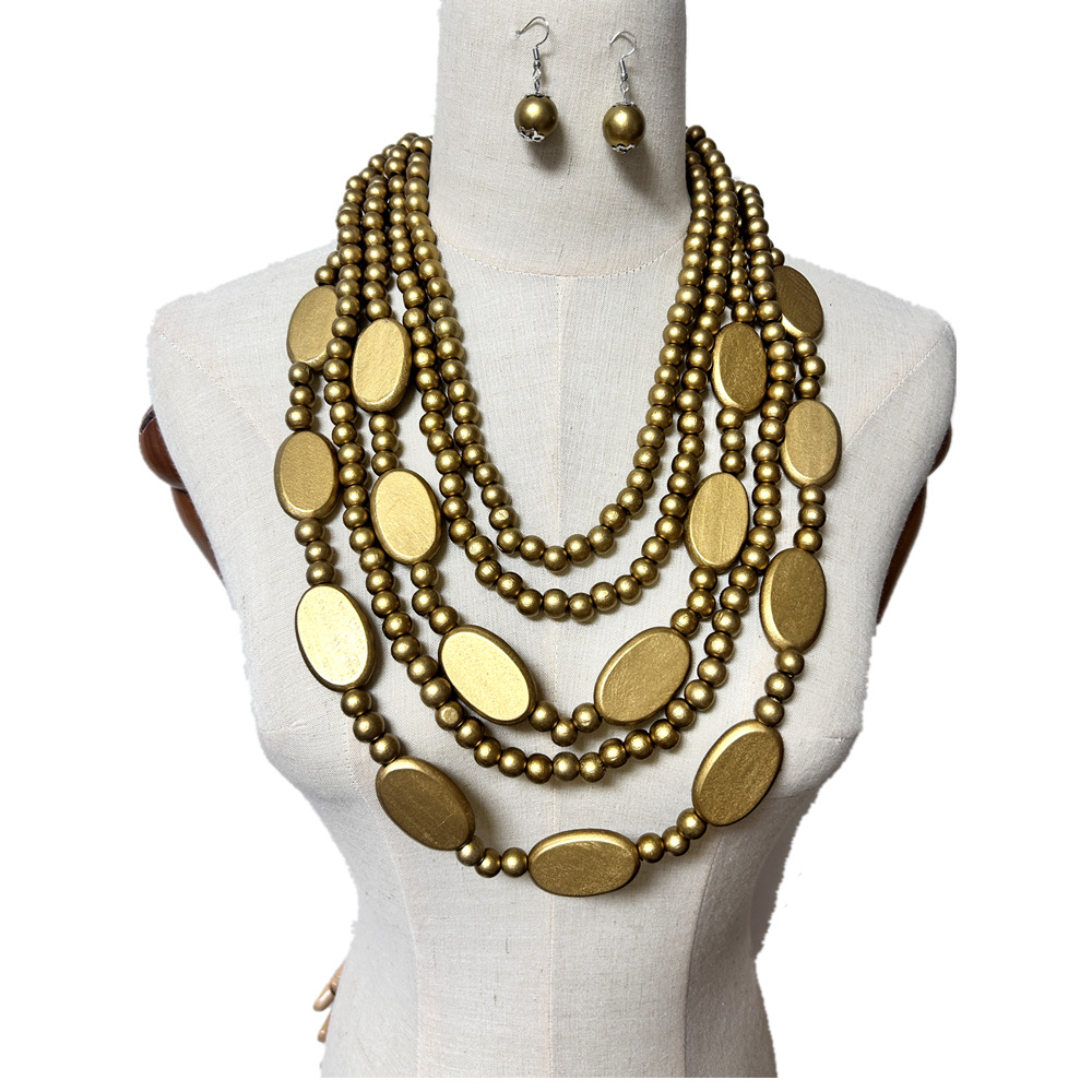 Wooden pieces beads multi-layer tassel necklace ethnic style sweater chain accessories necklaces