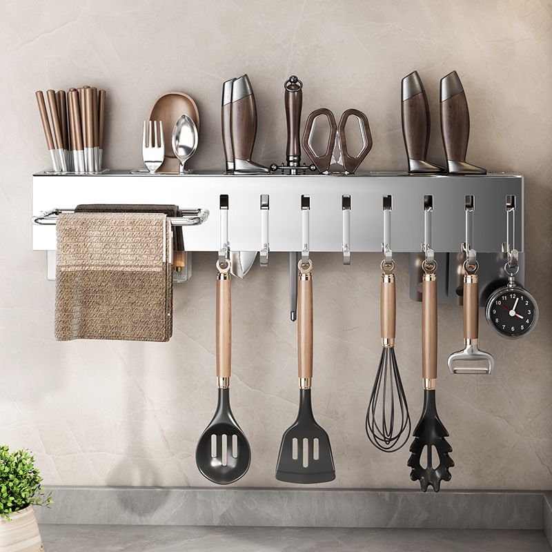 Stainless steel knife kitchen storage rack multifunctional no-drilling wall-mounted chopstick tube chopping knife integrated storage rack