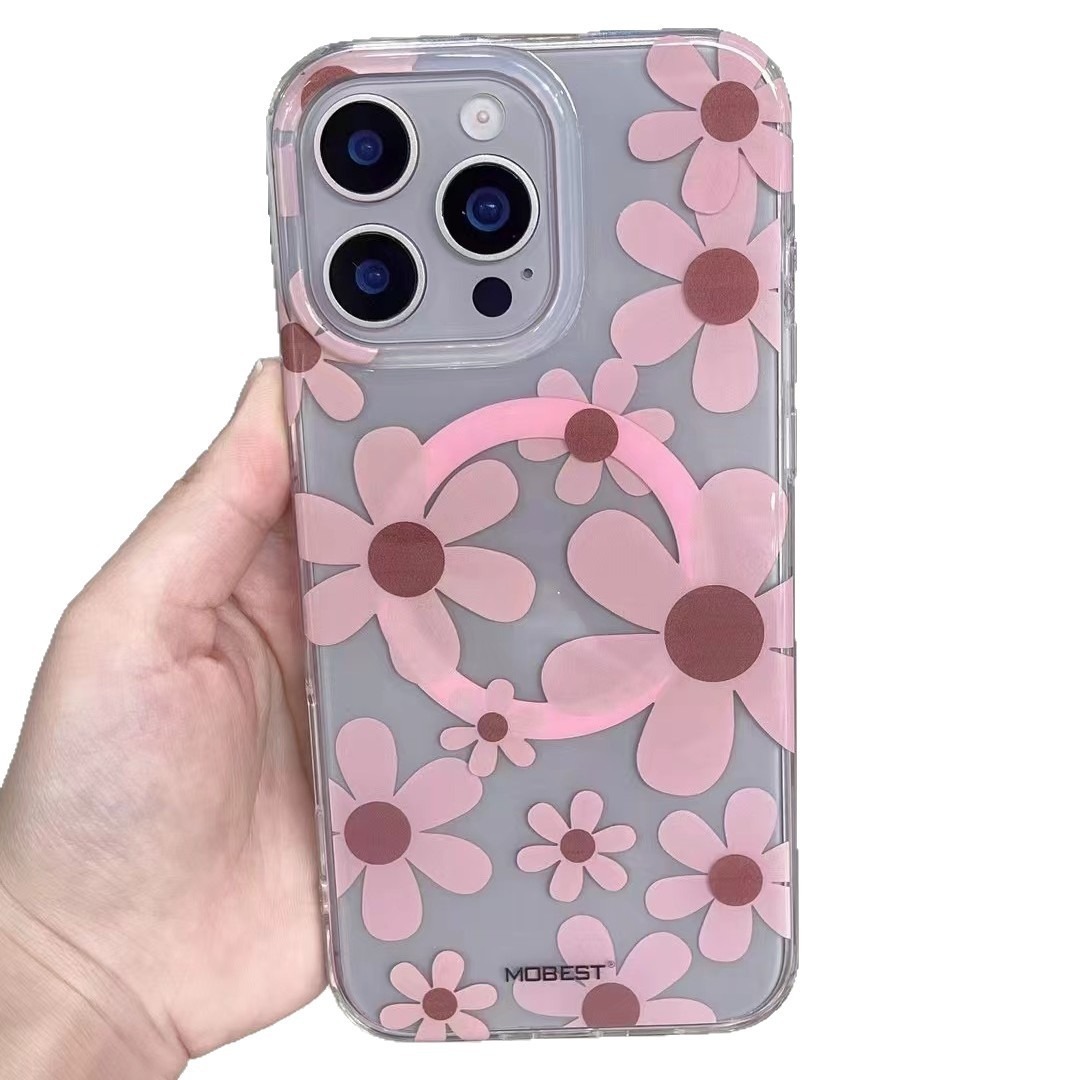 For iPhone 17 Pro Max Oil Painting Flower Magnetic Phone Case Apple 16 Electroplated Sunflower Cherry Blossom Case
