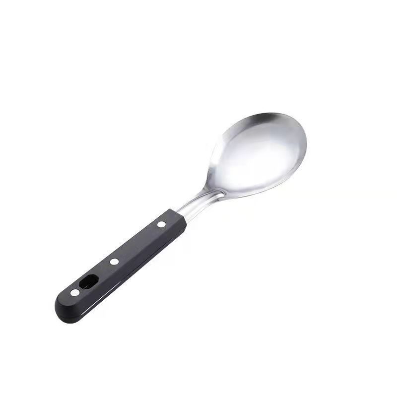 Stainless steel long-handled slotted spoon, soup spoon thickened kitchen set, slotted spoon handle, stir-fry spatula household black three-nail handle
