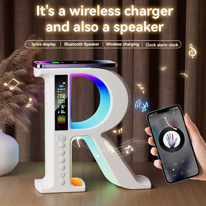 Big R wireless charging Bluetooth sound portable radio atmosphere light Bluetooth speaker decoration alarm clock multifunctional