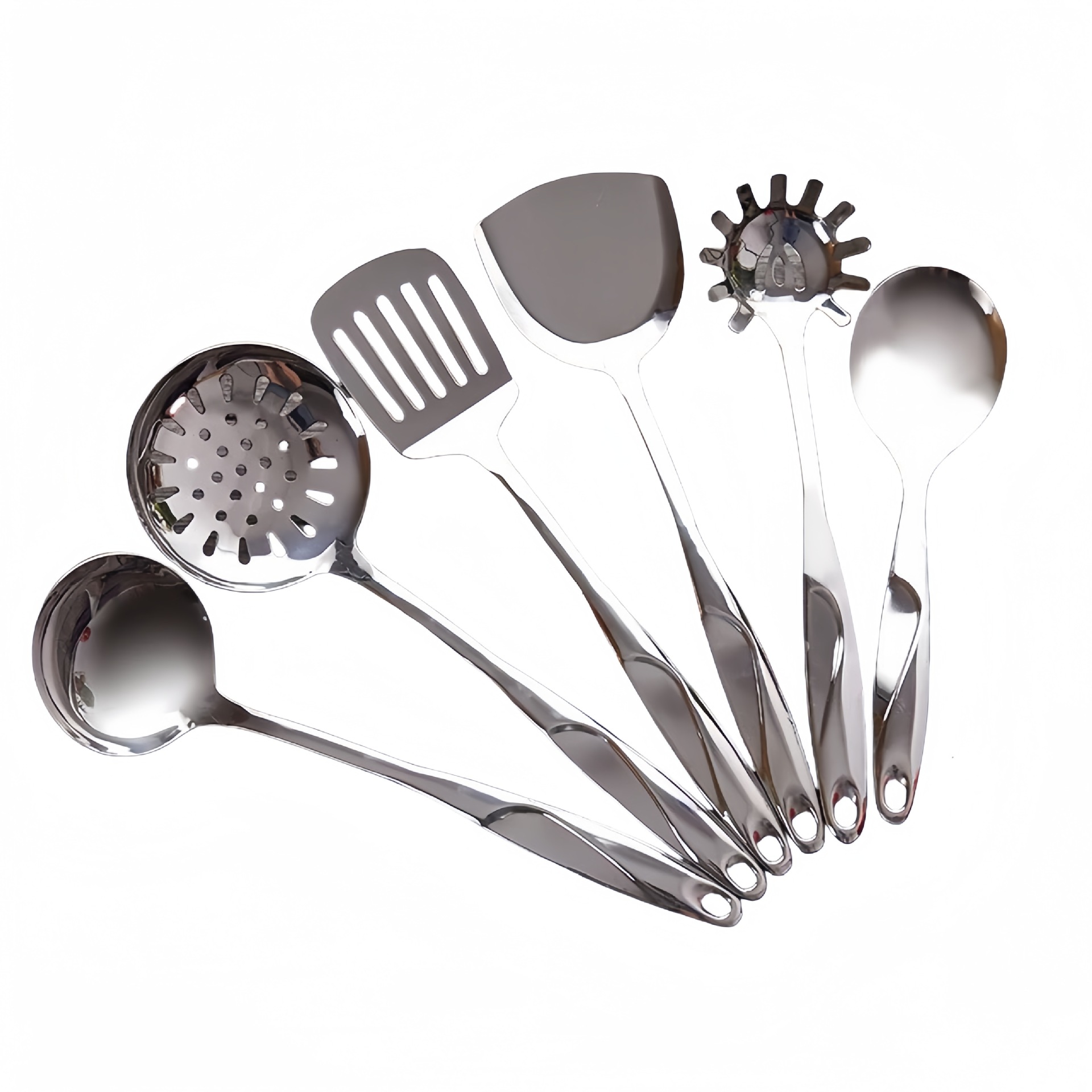 201 hollow handle stainless steel kitchenware S-shaped spatula set, slotted spoon, soup spoon, frying spatula, noodle spatula, wok spatula