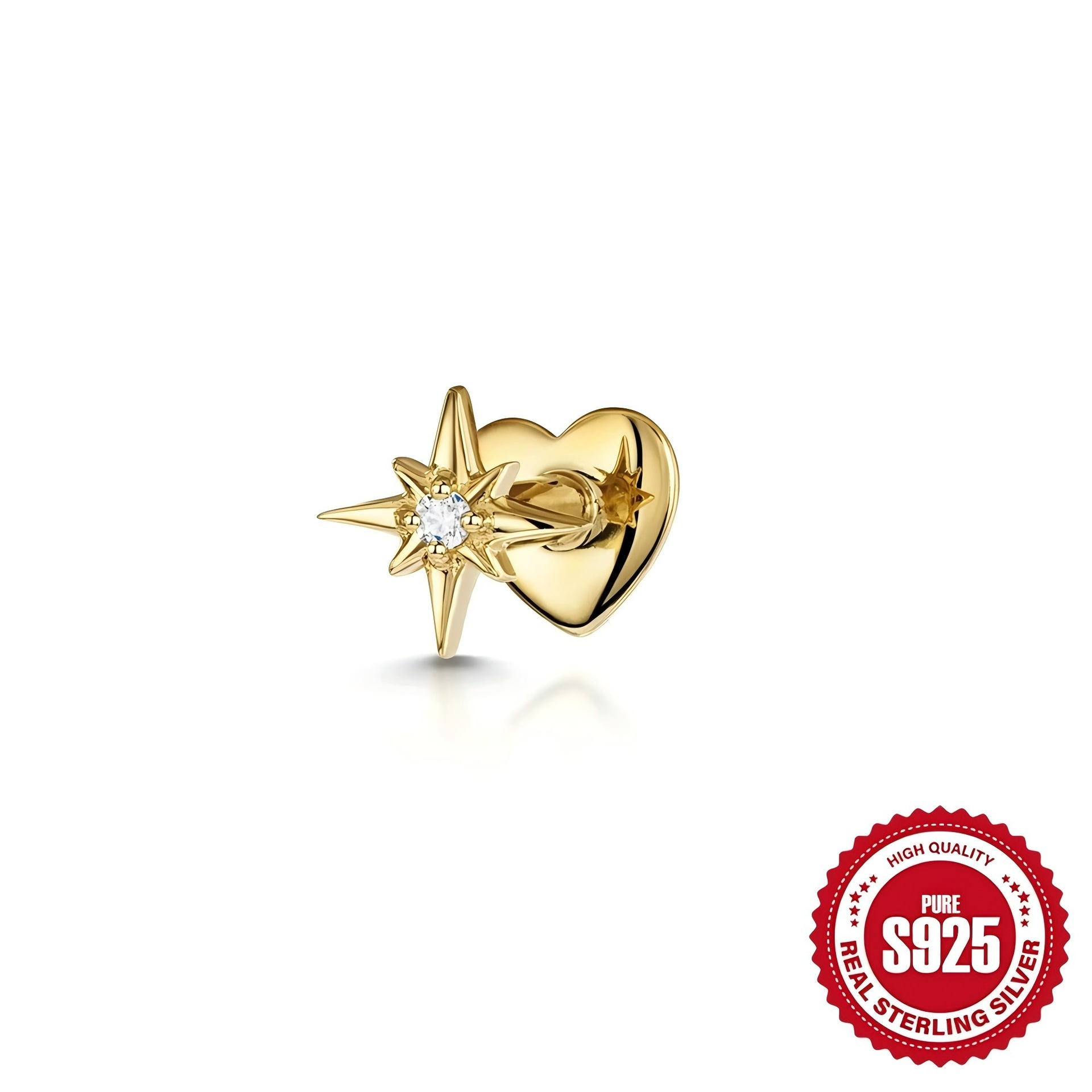 925 sterling silver diamond-set octagonal star heart flat head cartilage piercing ear bone stud new threaded earrings