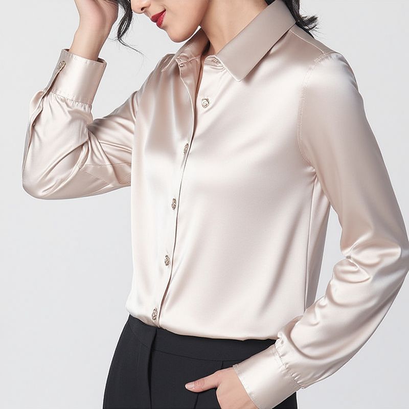 Mulberry silk long-sleeved shirt for women 2026 spring/autumn professional contrasting color commuter shirt slim fit square collar top