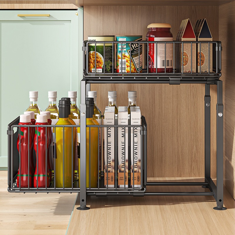 Pull-out basket cabinet sink storage rack seasoning rack retractable multifunctional drawer storage basket