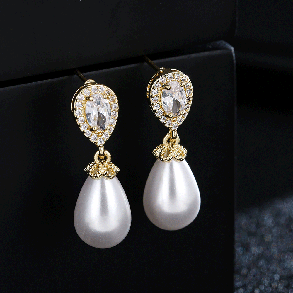 New teardrop pearl women's accessories zirconia inlaid earrings, bridal dress matching jewelry gift