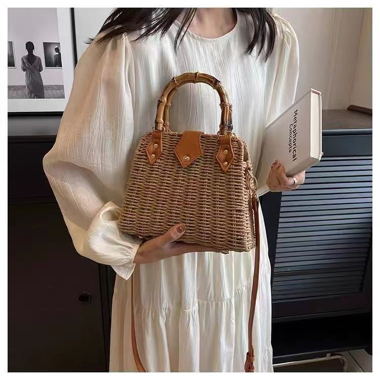 Pastoral style straw bag new shoulder hand two-use bamboo handle women's commuting woven bag