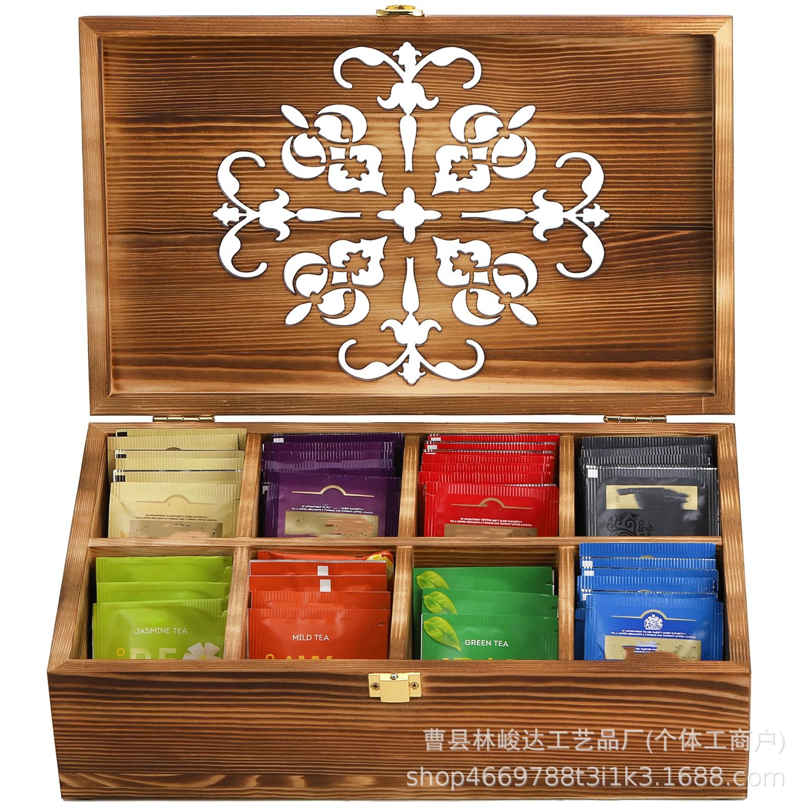 Tea bag storage box, wooden flip-top, carved hollow pattern, tea packet storage box, desktop compartment gift box