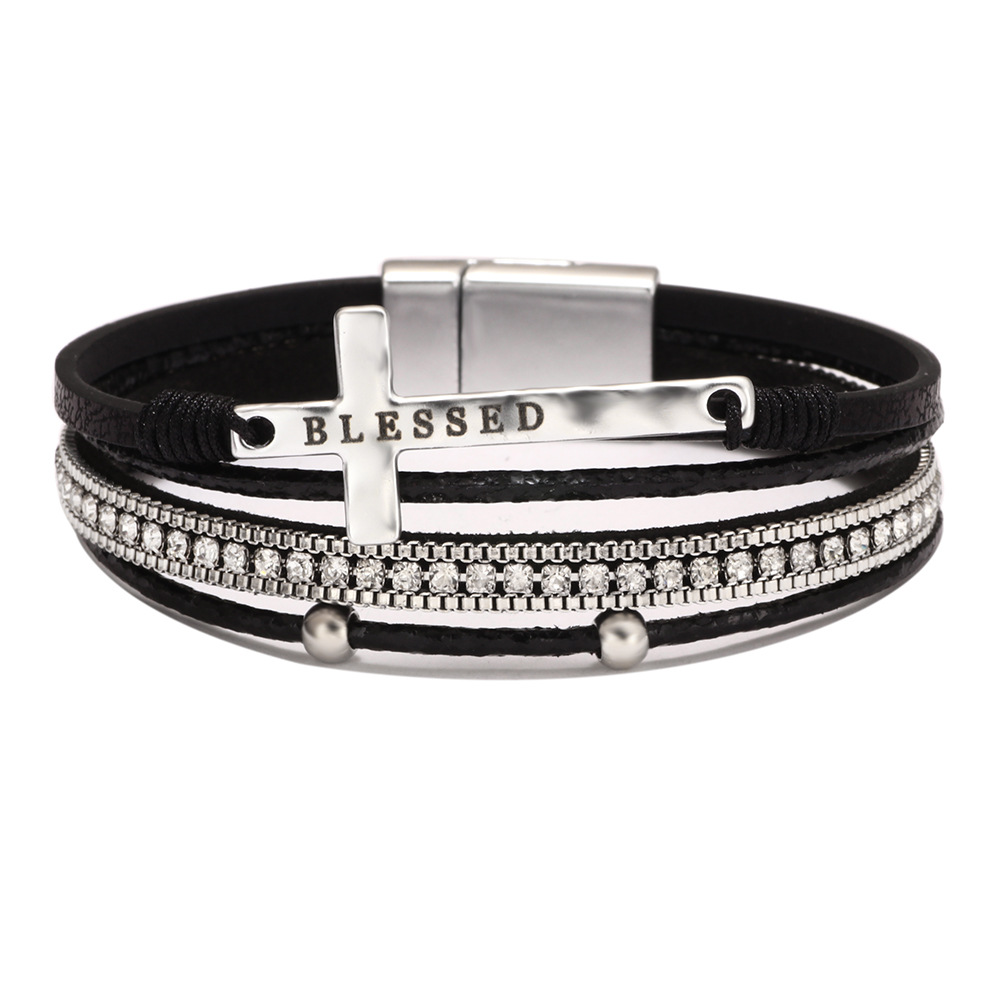 Bohemian Cross Bracelet with Micro Rhinestones Magnetic Buckle PU Leather Bracelet