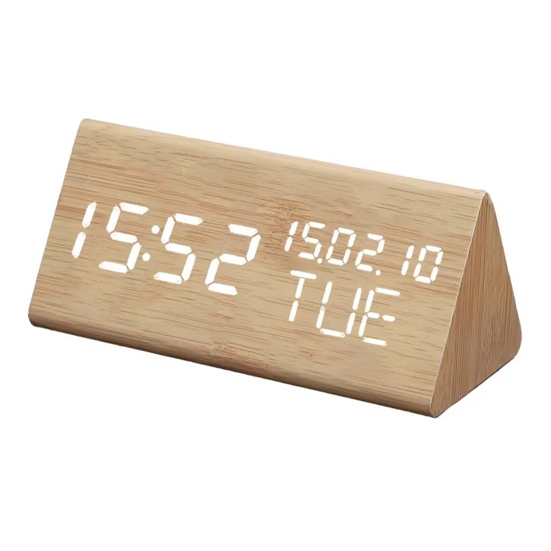 Three-display LED electronic wooden alarm clock, perpetual calendar clock bedside silent night light desk clock wooden clock