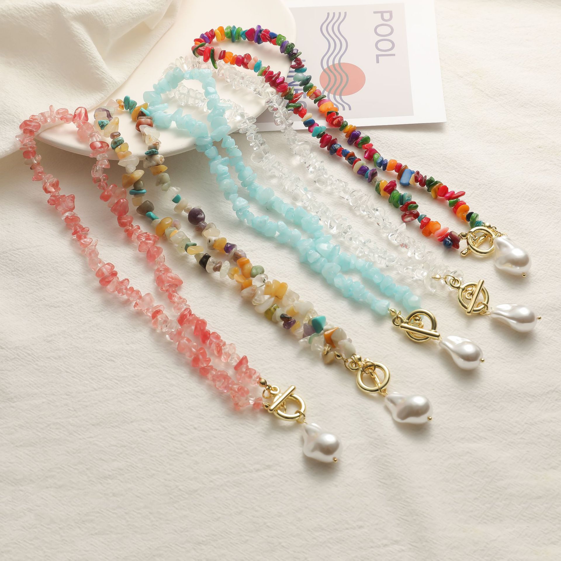 Dopamine colorful gravel necklace handmade bead Bohemian style natural stone necklace
