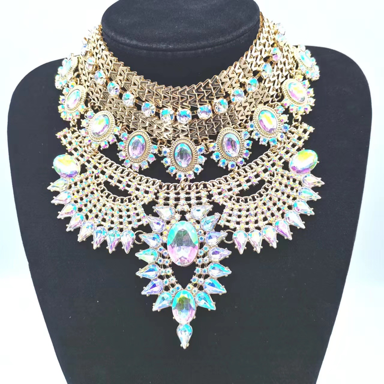 Multi-layer exaggerated full rhinestone necklace alloy crystal ornament