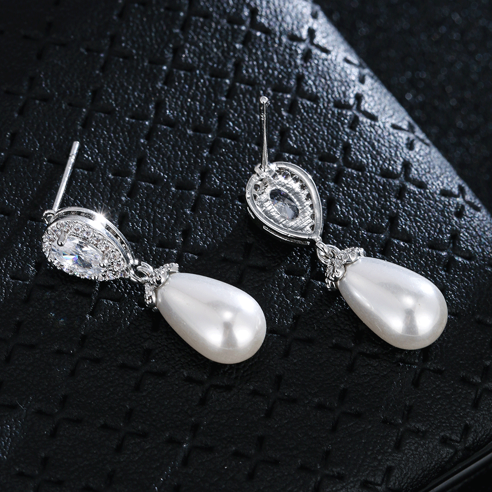 New teardrop pearl women's accessories zirconia inlaid earrings, bridal dress matching jewelry gift