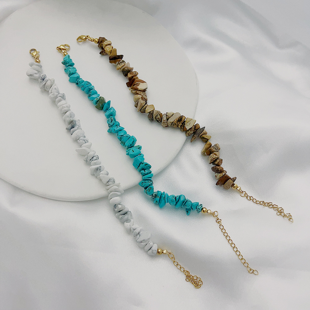Green Irregular Turquoise Natural Stone Bracelet with 18K Gold-Plated Stainless Steel Chain