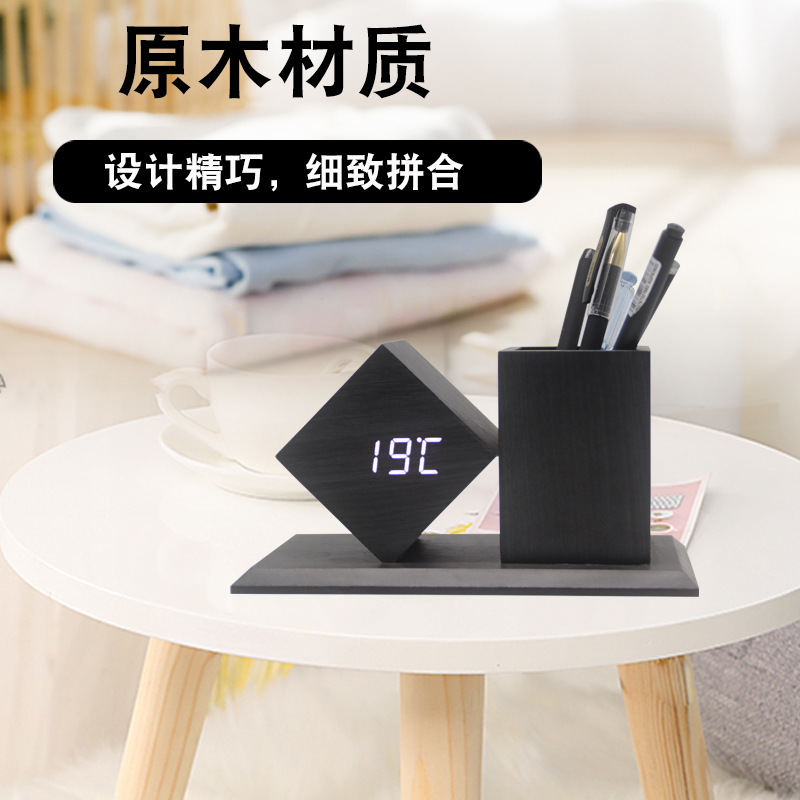 New Wooden Clock LED Smart Alarm Clock Home Office Desktop Pen Holder Wooden Clock Smart Electronic Clock