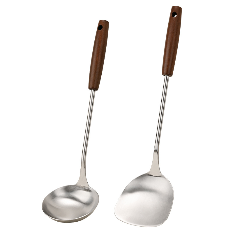 304 stainless steel spatula with wooden handle, kitchen utensil, high temperature resistant spatula, soup spoon, large soup ladle, slotted spoon