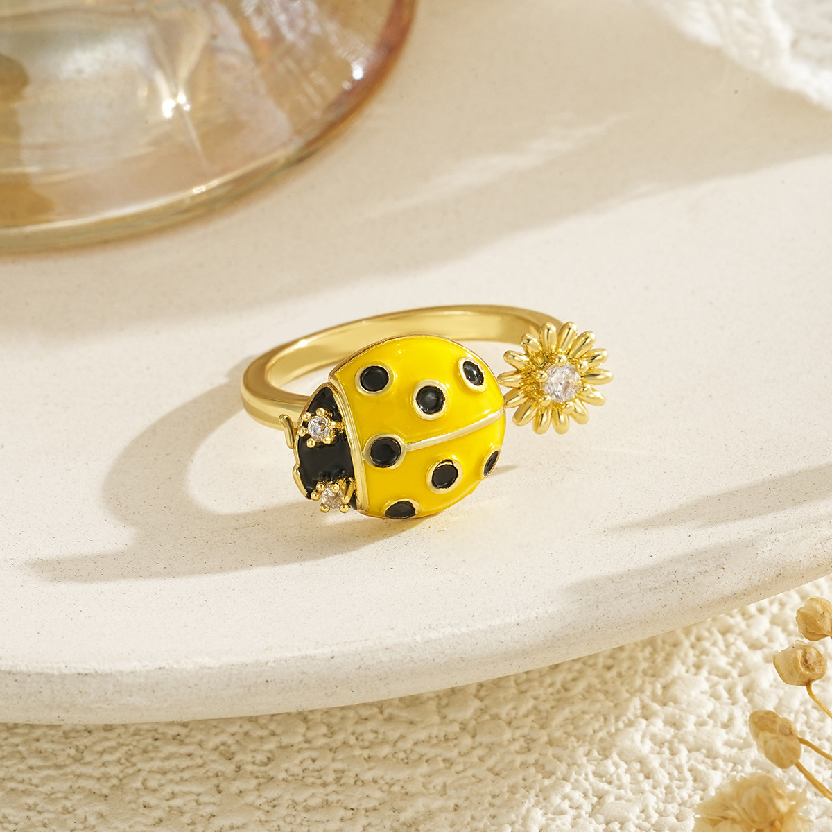 Rotating Stress-Relief Open Ring Jewelry Copper Set with Zircon Starfish Turtle Ladybug Heart Jewelry