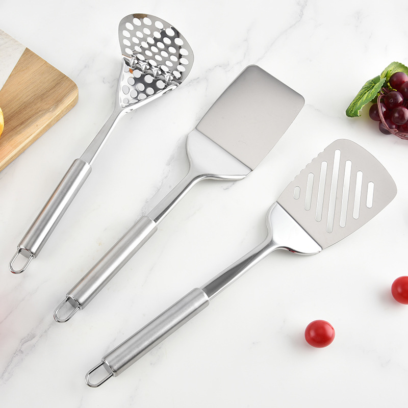 Round handle stainless steel spatula kitchen utensil set kitchen spoon spatula slotted spoon rice spoon meat fork utensil cooking 11-piece set