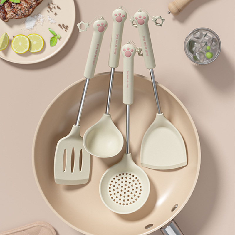 Cat paw cute style silicone kitchen utensil five-piece set, spatula, kitchen slotted spoon, rice spoon, non-stick pan silicone spoon