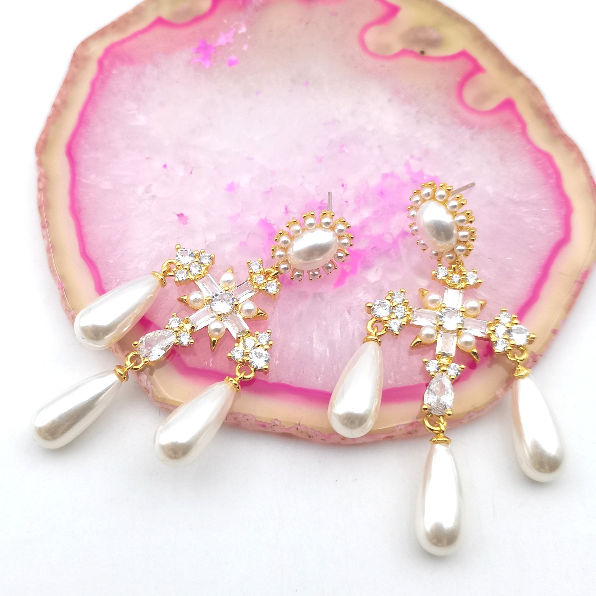New super fairy cross drop pearl earrings S925 silver needle super fairy luxury ear jewelry