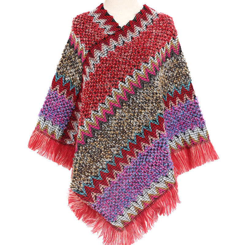 Colorful Ethnic Style Pullover Cape Women Poncho Acrylic Women Knit Cape Warm Autumn Winter Shawl