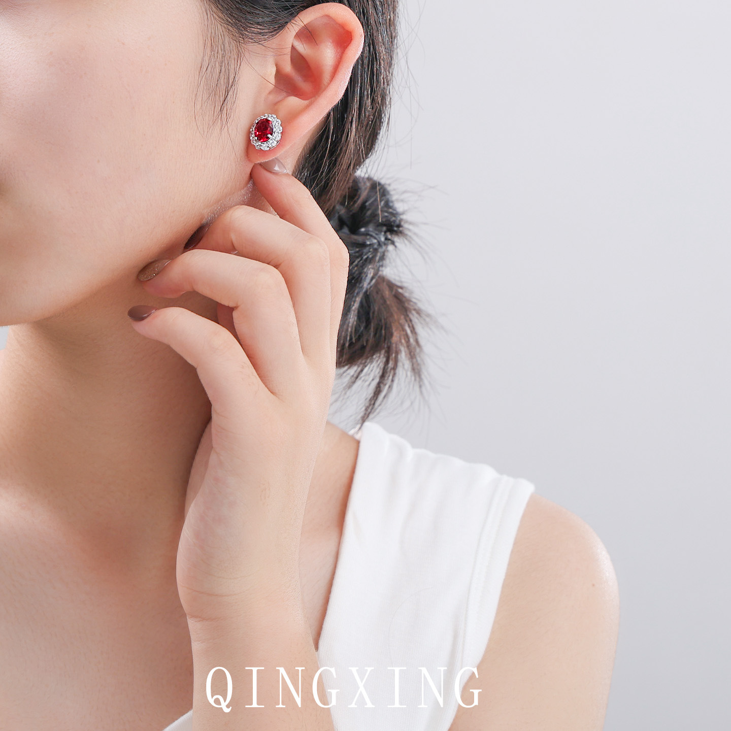 S925 Pure Silver Needle Red Corundum Light Blue Spinel Ear Studs Fresh Olive Zirconia Closed Back Ear Jewelry Women's