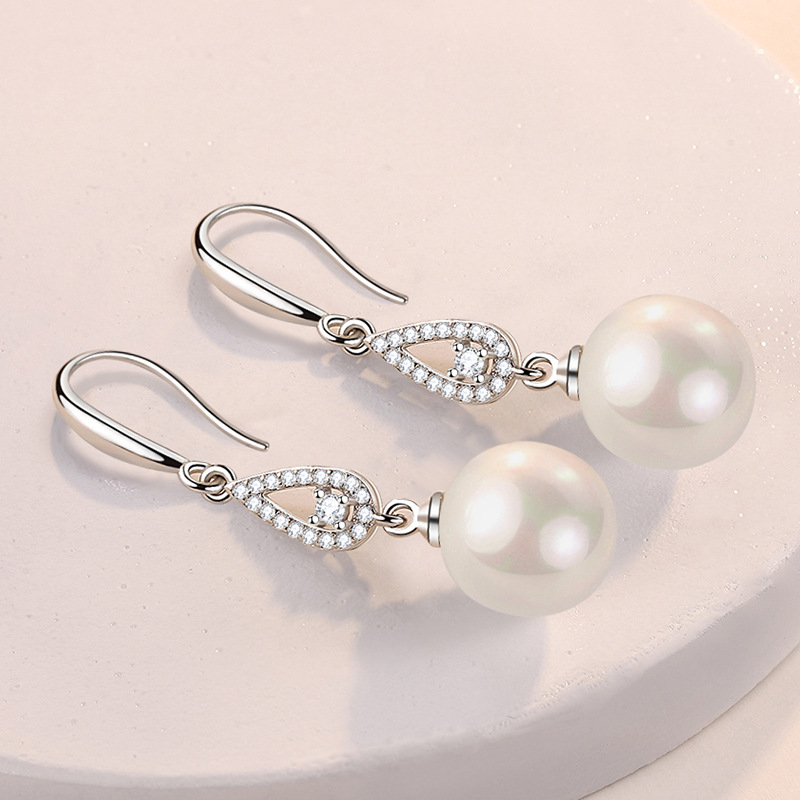 Diamond-set pearl earrings for women, water drop pearl earrings