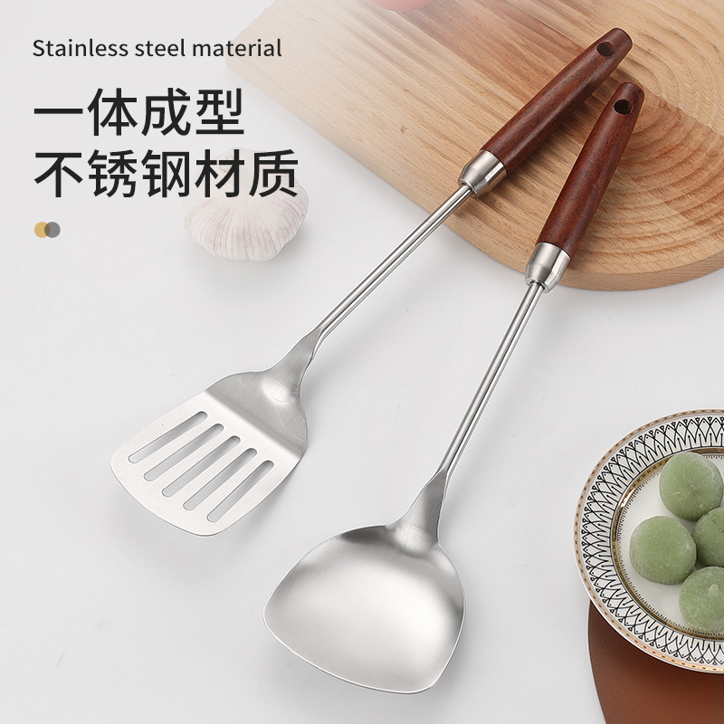 201 stainless steel spatula kitchen utensil set wooden handle wok spatula soup spoon slotted spoon cooking spoon kitchen supplies