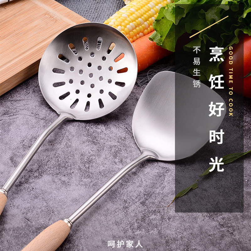 304 stainless steel kitchen utensil set, beech wood handle, cooking spatula, slotted spoon, cooking spatula, gift with custom logo