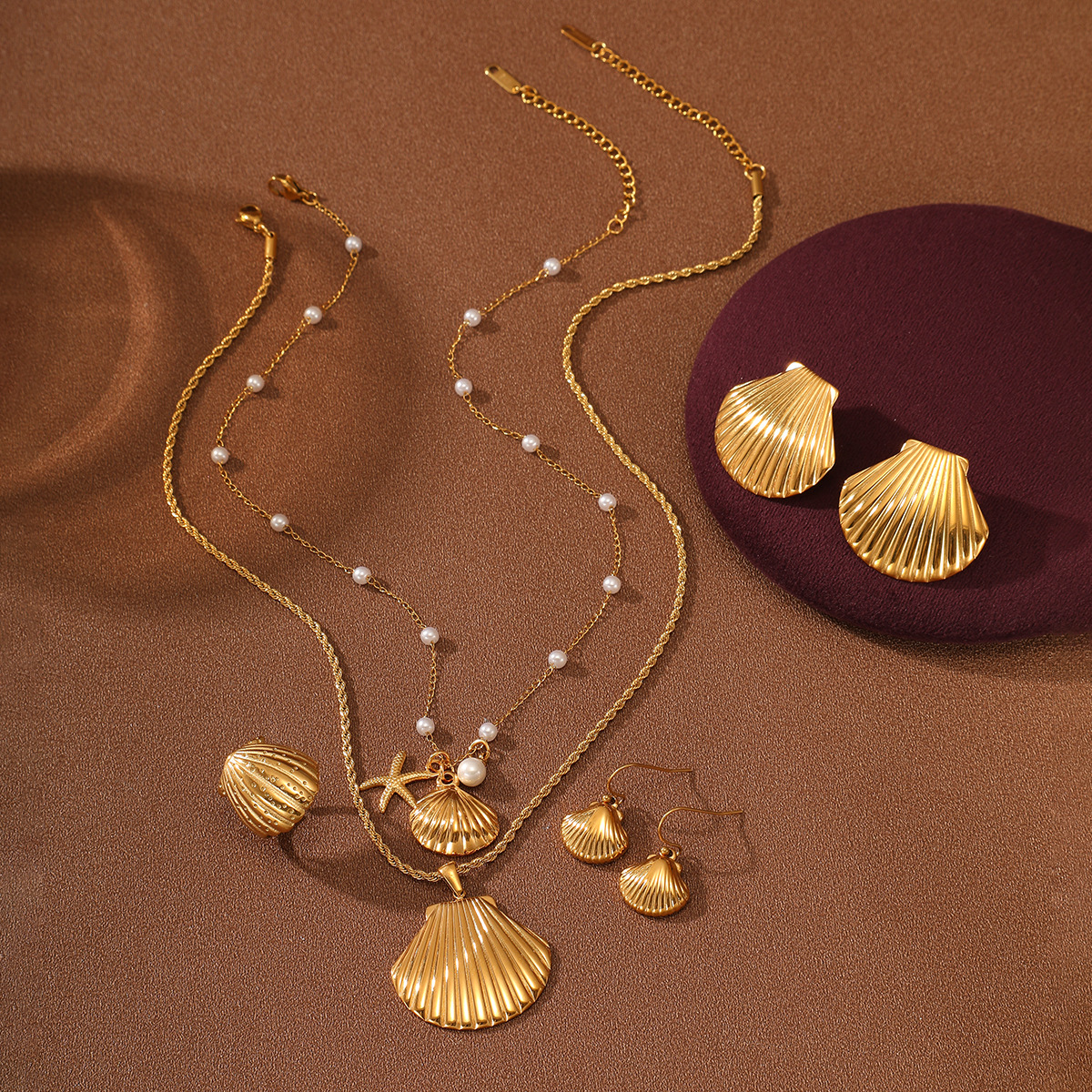 New Ocean Shell Pearl Titanium Steel Necklace Set for Women Stainless Steel Pendant