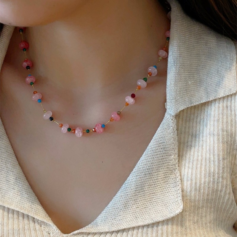 Fresh Natural Stone Rose Quartz Necklace Large and Small Beads Peace Button Crystal Necklace Delicate Collarbone Chain