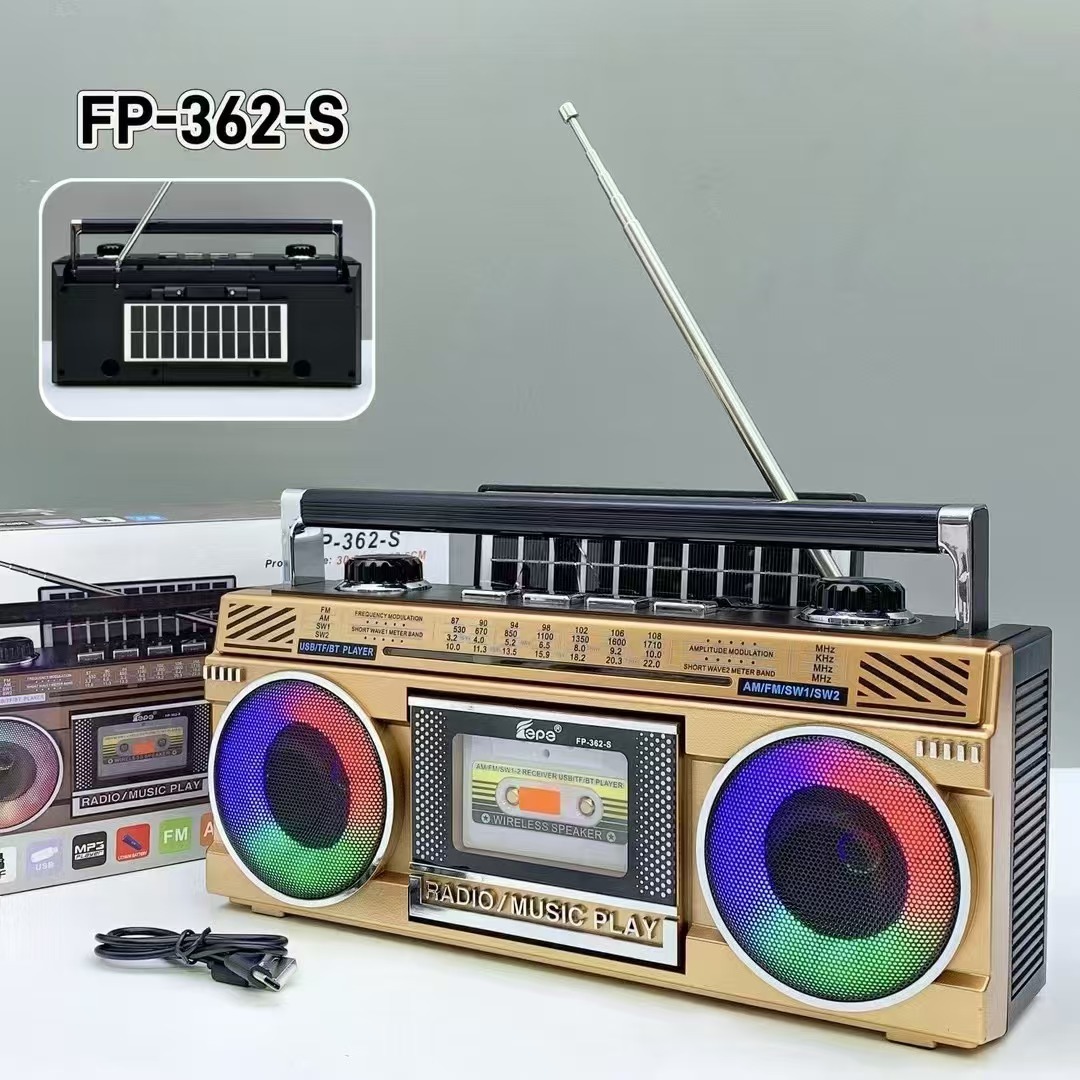 New FP-362-S Solar Bluetooth Speaker Dual Speaker Colorful Light Four-band Tuning Antenna Radio