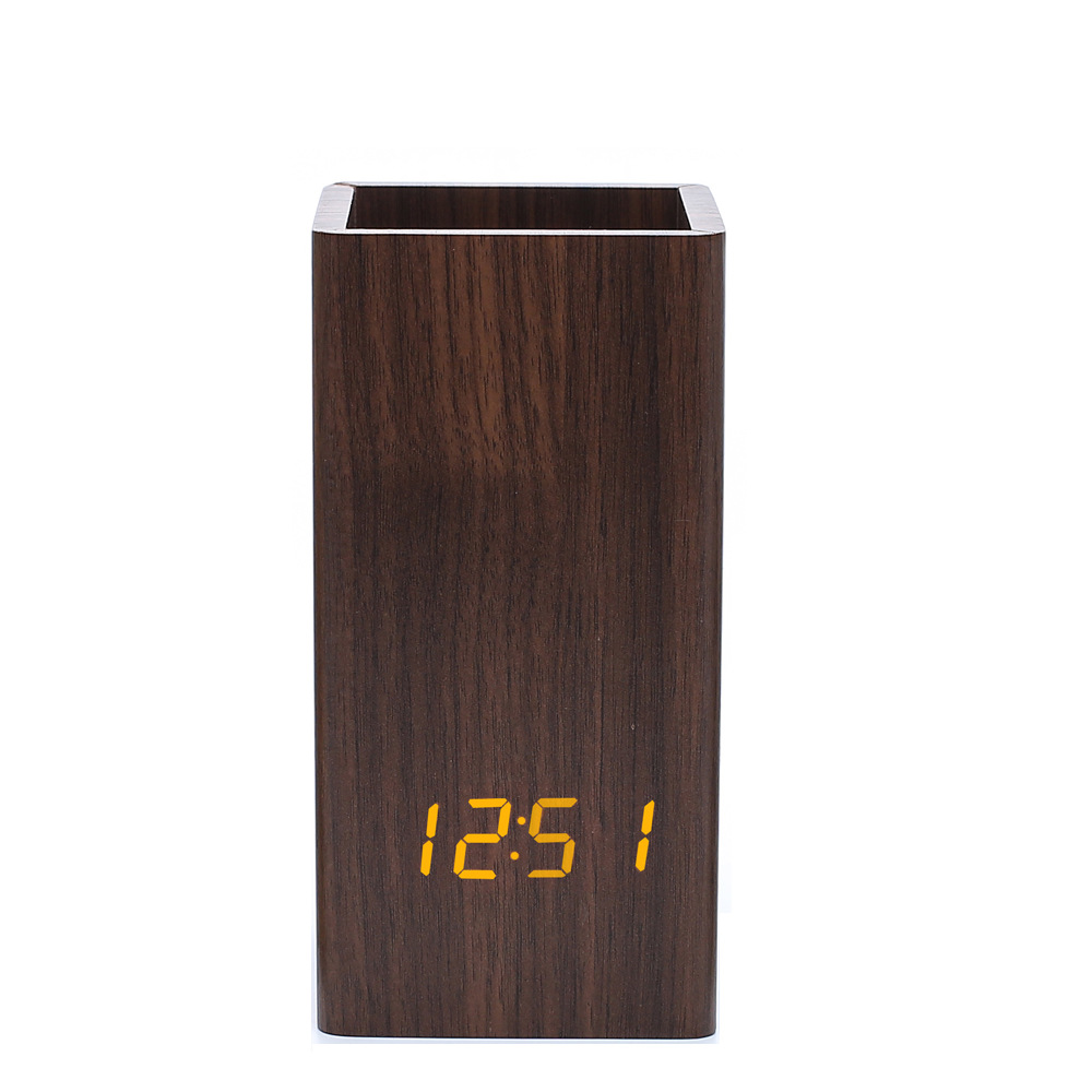 Simple home office pen holder wooden clock, wooden home pen holder alarm clock, factory direct sale